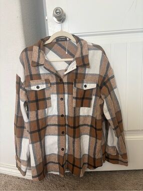 Plaid Button-Up Shacket in Cream and Brown